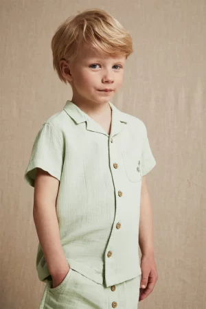 Kids green muslin short-sleeved shirt