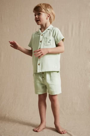 Kids green cotton muslin shorts