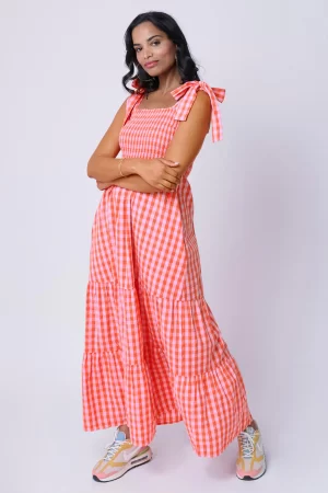 Orange with Pale Pink Gingham Tie Shoulder Sundress