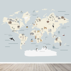 Character World Map Wallpaper Mural | Blue